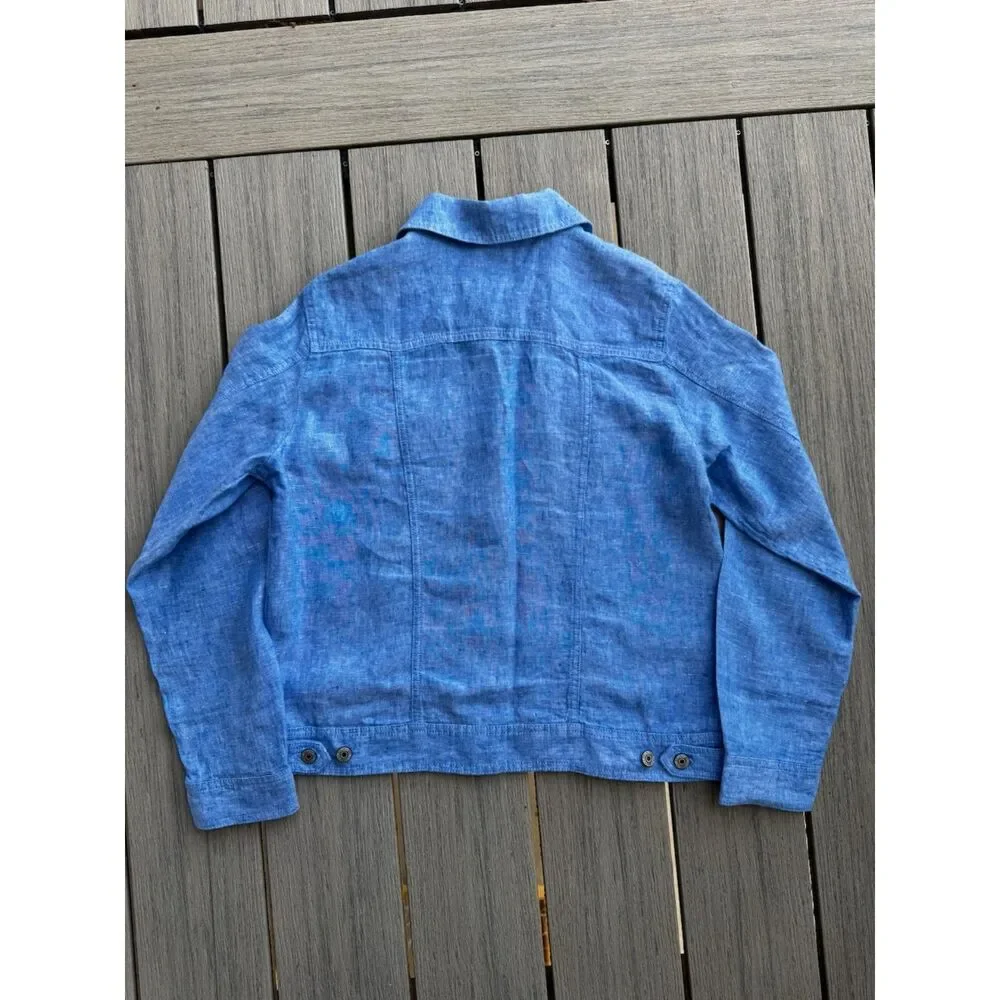 Jones New York Linen Jacket L Blue Jean Style Button Front Coastal Resort - Picture 10 of 15